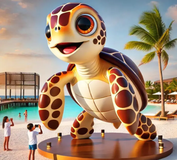 Mascote Sophia, tartaruga-de-pente estilizada, em uma praia