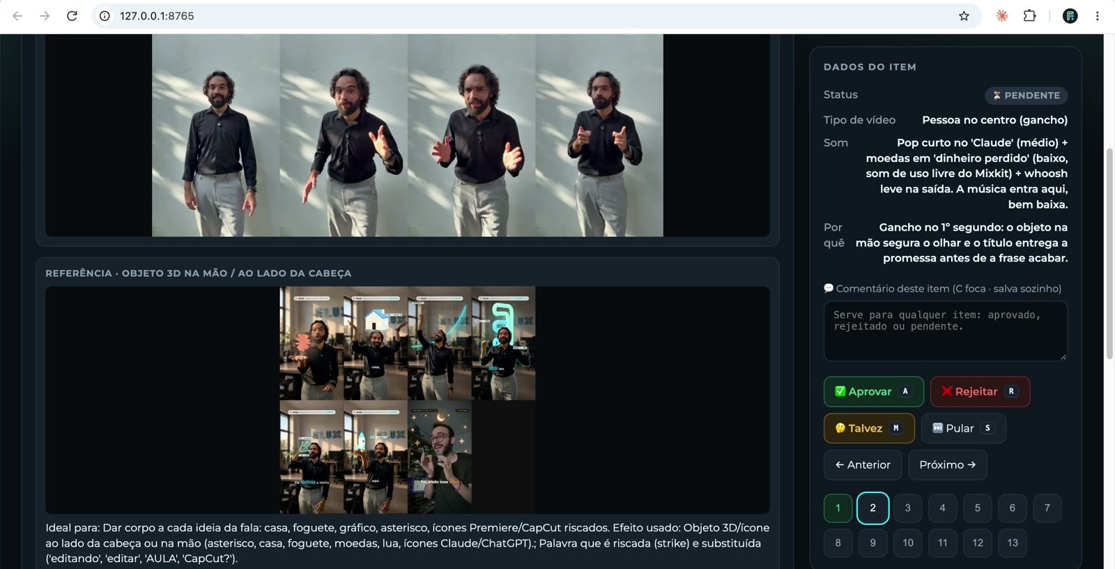 Tela do ARboard Flux com um trecho do vídeo, a referência e os botões aprovar, rejeitar e talvez